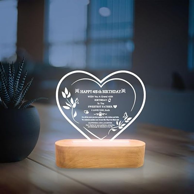 Personalized Text Engraved Night Lamp with Cool White Light Birthday Gift for Dad  45th Birthday Gift for Papa  Memorable Gift for Dad